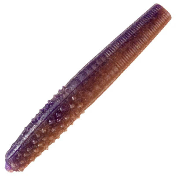 Purple and brown soft plastic fishing lure with ribbed and bumpy textures.