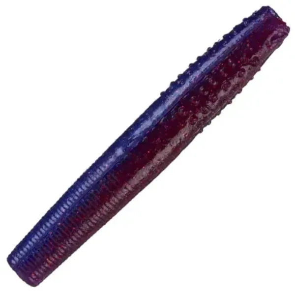Purple and red soft plastic fishing lure with ribbed and bumpy texture.