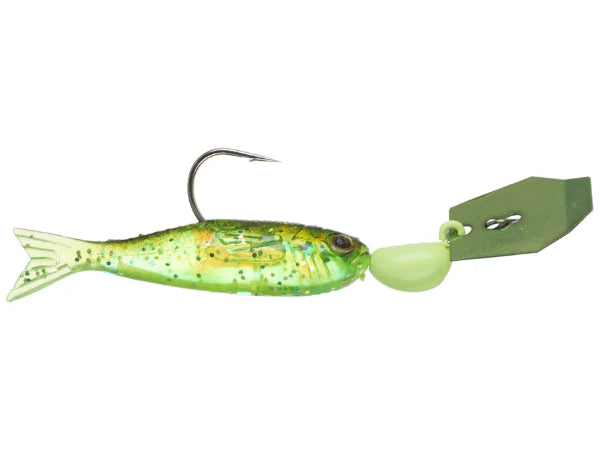 Green fishing lure with a hook on a white background