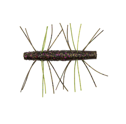 A soft plastic fishing lure with a glittery dark olive-brown body and multiple thin skirt strands in olive green and dark brown, isolated on a white background.