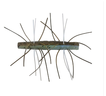 A soft plastic fishing lure designed to mimic hair, featuring a segmented body with dark brown and light gray strands extending from it, shown on a plain white background.