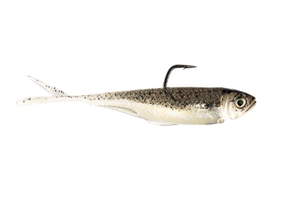 A realistic soft plastic fishing lure shaped like a small silver fish with black and white speckled detailing, a dark top, and a single sharp hook on its back, isolated on a white background.