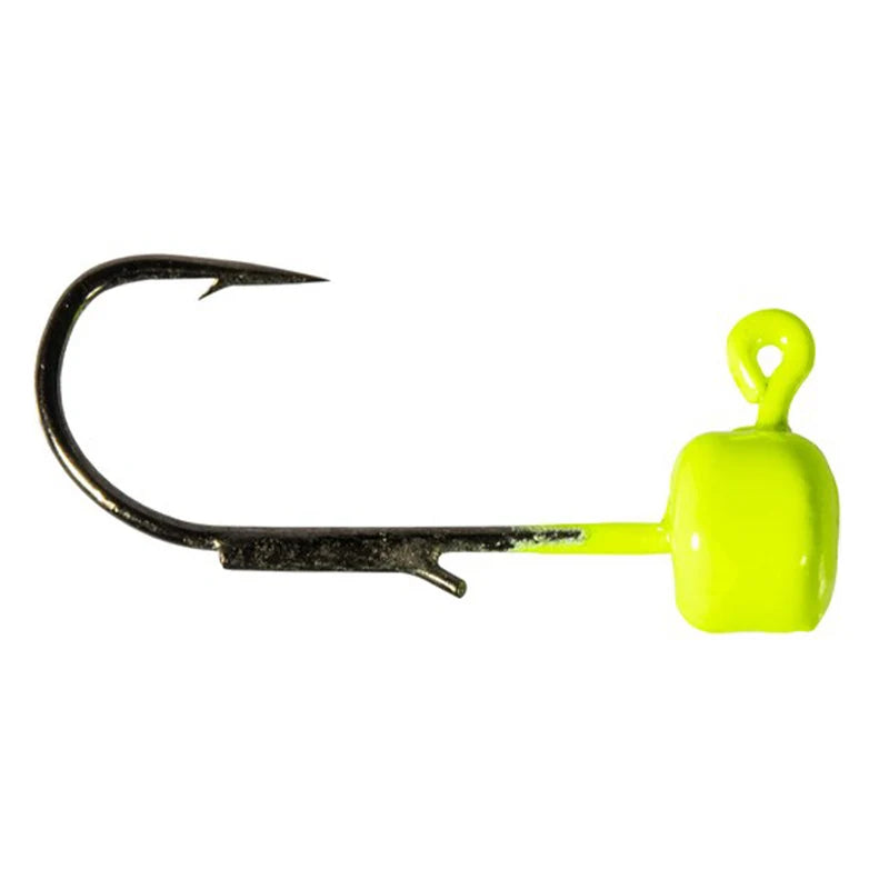 A single chartreuse blocky jig head with a black fishing hook.
