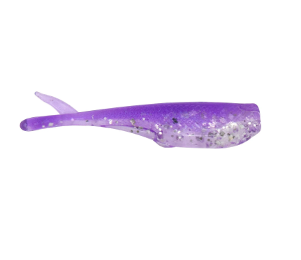 A translucent purple soft plastic swimbait lure with silver glitter flecks, shown from a side profile on a solid white background.