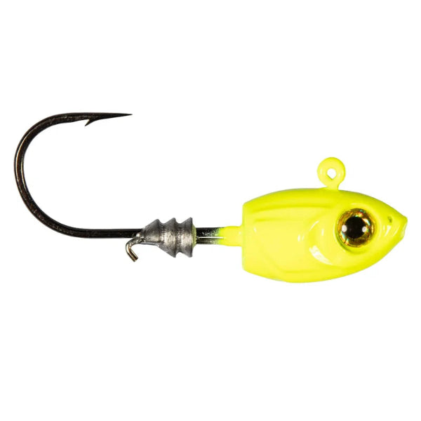 A single chartreuse fishing jig head with a gold eye and black hook.