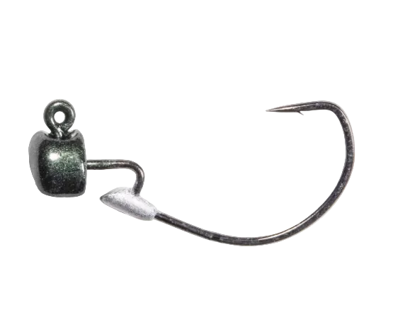 A single fishing jig hook with a dark metallic head and a silver-toned barbed point, isolated on a plain white background.