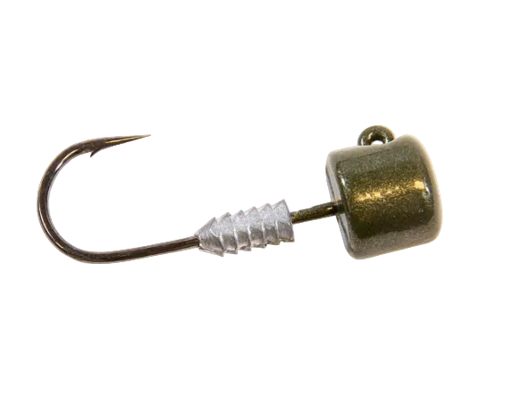 A fishing jig lure with a dark olive green metallic top, a silver ribbed skirt, and a dark metal hook, shown against a plain white background.