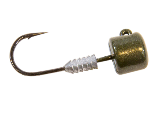 A fishing jig lure with a dark olive green metallic head, a silver ribbed shank, and a dark hook, shown on a plain white background.