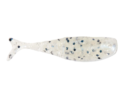A translucent white soft plastic fishing lure shaped like a small fish, speckled with black, blue, and gray inclusions, shown against a plain white background.