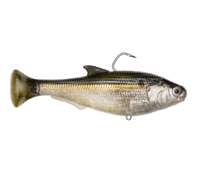 A soft plastic fishing lure shaped like a small fish, shown from the side on a plain white background. The lure has a silver and olive-green body with a gold stripe along the side and a metal hook attached near the top.