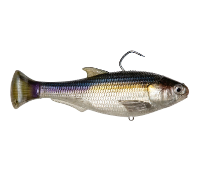 A realistic soft plastic fishing lure shaped like a small fish, shown from the side on a plain white background. The lure has a silver and white body with iridescent blue-purple and gold striping, a dark top, and a single visible hook attached near the top.