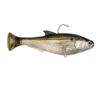 A soft plastic fishing lure shaped like a small fish, shown from the side on a plain white background. The lure has a dark olive-green back, a silver-white belly, and a yellow-gold horizontal stripe running along the side.