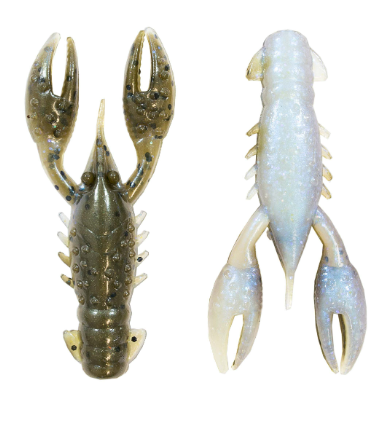 Two soft plastic crawfish fishing lures shown side by side on a plain white background. The left lure is olive green with dark mottled spots, and the right lure is iridescent white with a subtle blue shimmer.