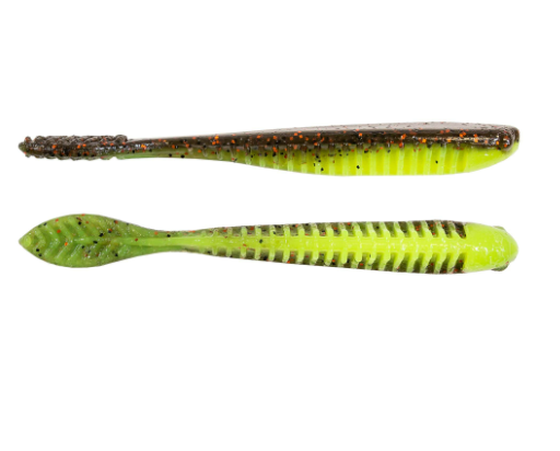 Two soft plastic fishing lures shown on a plain white background, one above the other. The top lure is dark olive-brown with bright chartreuse yellow sides and orange glitter.