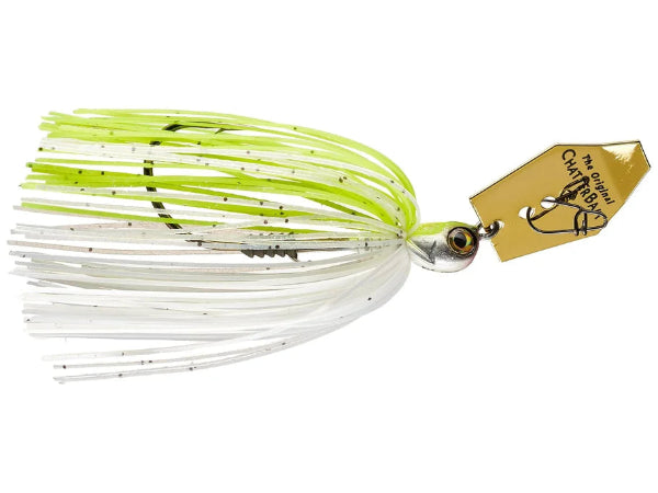 Chartreuse and white fishing chatterbait lure with a gold blade.