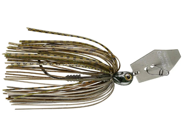 Green pumpkin chatterbait lure with a textured skirt and silver blade.