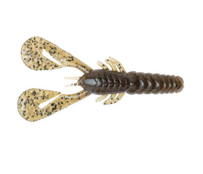 A soft plastic crawfish fishing lure with a segmented dark brown body and two tan wings speckled with black, shown on a plain white background.