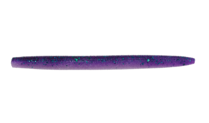 A purple soft plastic fishing lure with dark glitter and subtle green-blue iridescent flecks, shown horizontally against a plain white background.
