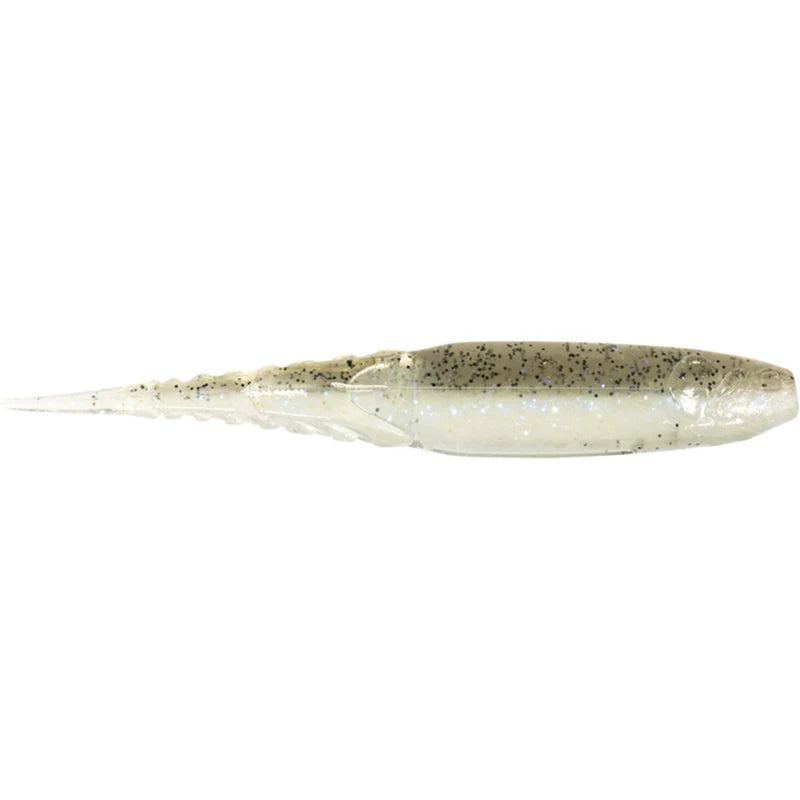 A soft plastic fishing lure shaped like a small baitfish, shown horizontally against a plain white background. The lure has a translucent white body with dark brown and black glitter flakes concentrated on the back.