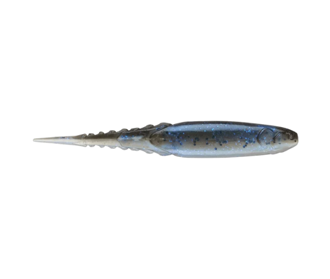 Dark blue and grey soft plastic fishing lure with blue glitter.