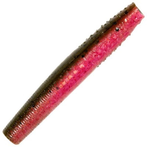 A single soft plastic fishing lure bait with a glittery pink body and a dark olive-brown top, shown diagonally on a plain white background.