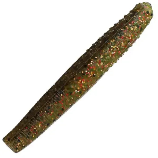 A soft plastic fishing lure with a textured body, featuring a mottled pattern of olive green, brown, and red glitter flakes, shown on a plain white background.