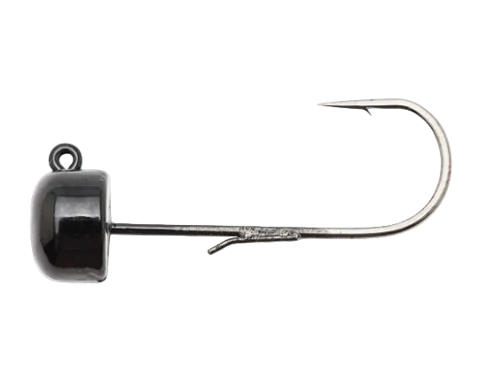 A fishing jig head with a glossy black dome-shaped body and a silver metal hook, shown against a plain white background.