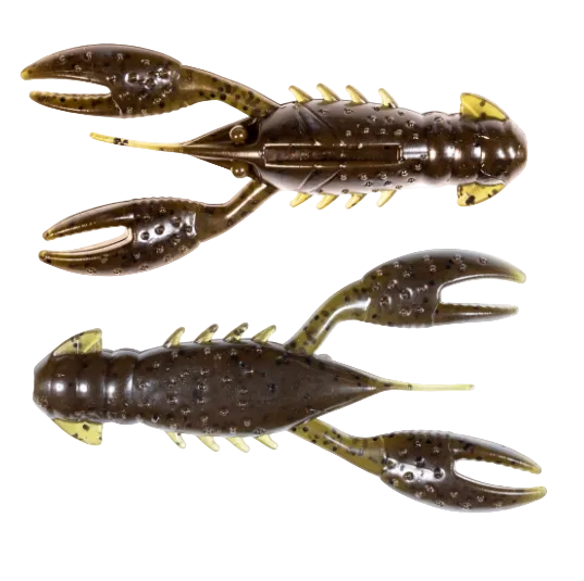 Two soft plastic crawfish fishing lures shown against a plain white background, one oriented horizontally and the other vertically.