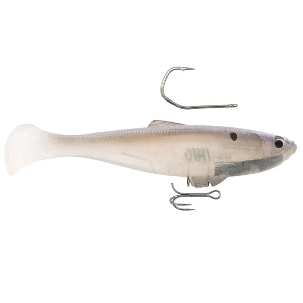 A soft plastic fishing lure shaped like a small fish, shown on a plain white background with two metal hooks attached.