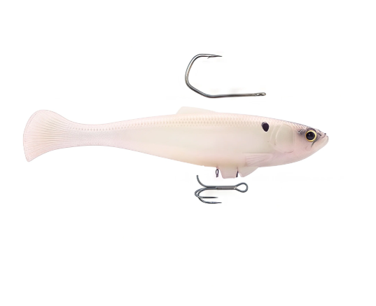 A soft plastic fishing lure shaped like a small fish, shown in a pale translucent off-white color with a realistic eye and a pair of metal hooks attached, on a plain white background.