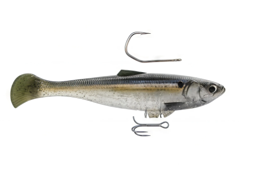 Realistic silver and green soft plastic shad fishing lure with two hooks.