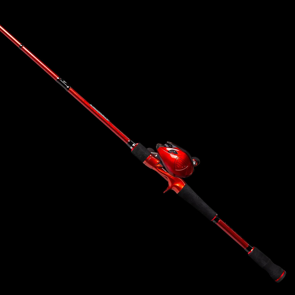 Red and black fishing rod and reel set on a white background