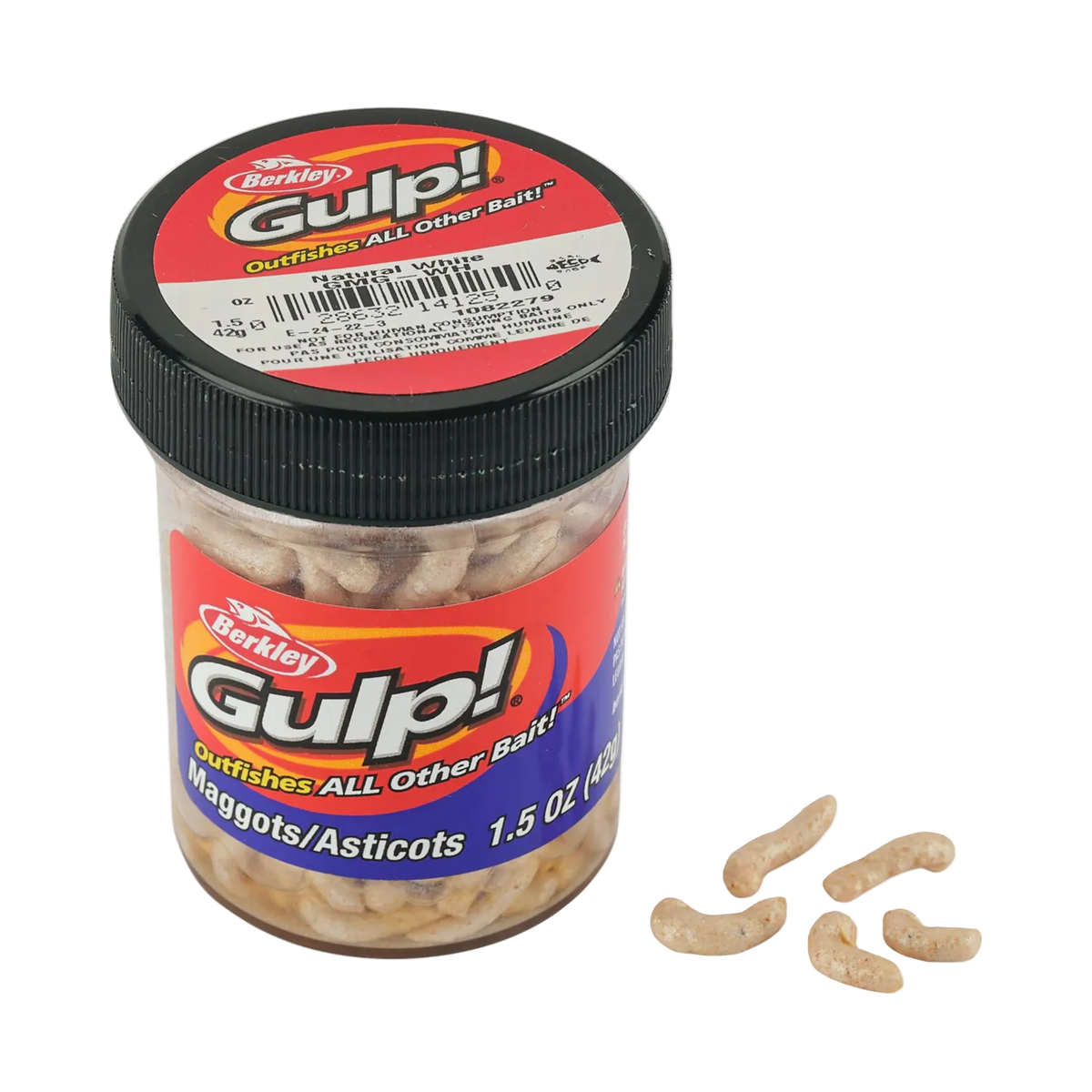 Jar of Berkley Gulp! maggots with a few maggots on a white background