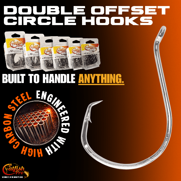 Fishing hook with packaging and promotional text on a brown background