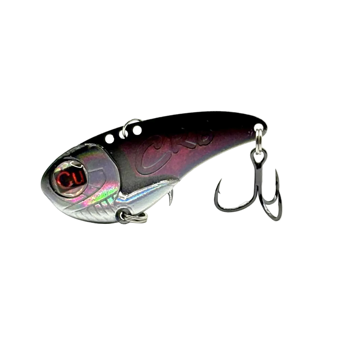 Fishing lure with a shiny metallic finish on a white background