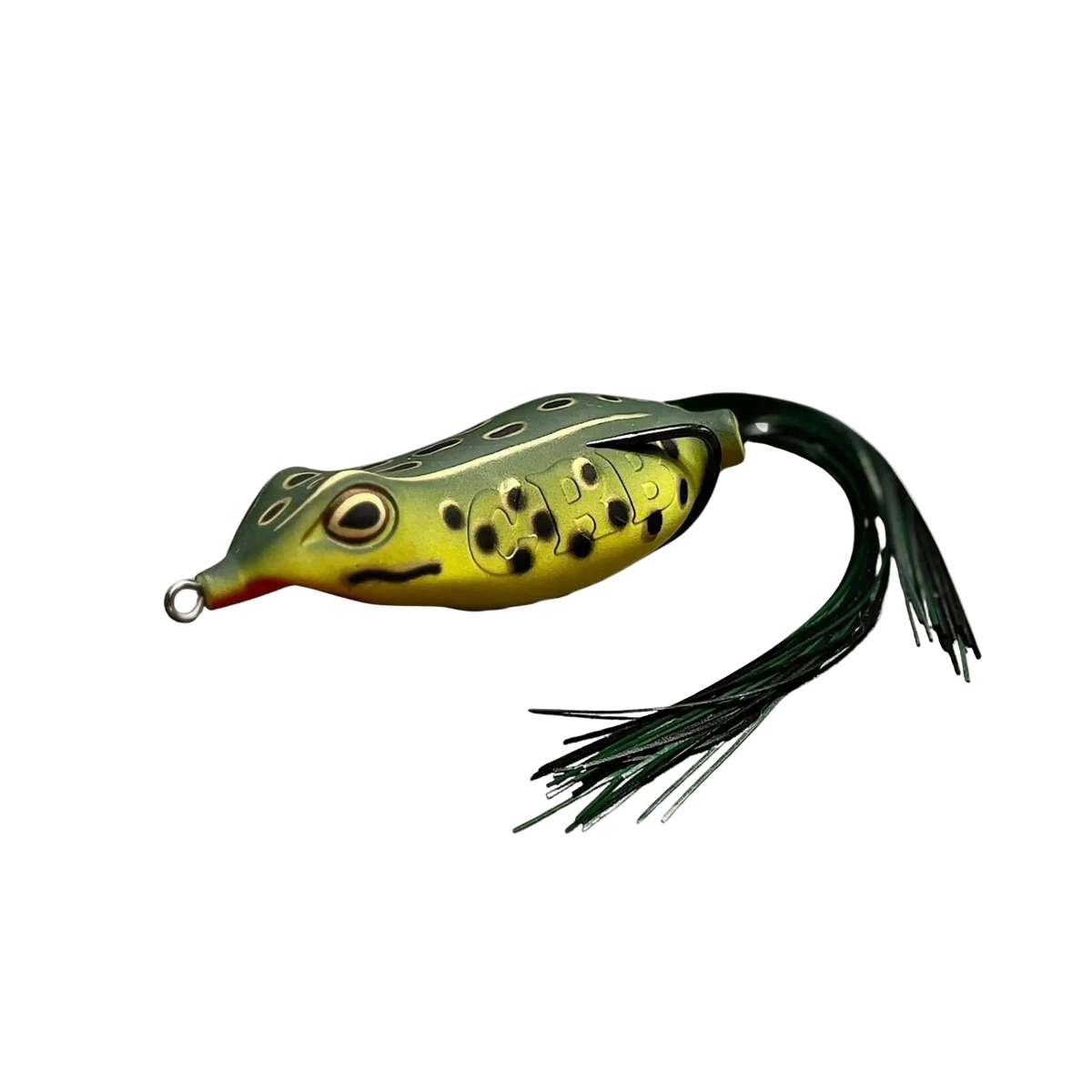 A frog-shaped fishing lure with a yellow-green body, black spots, a red mouth, and a dark green skirt with black strands, shown on a plain white background.