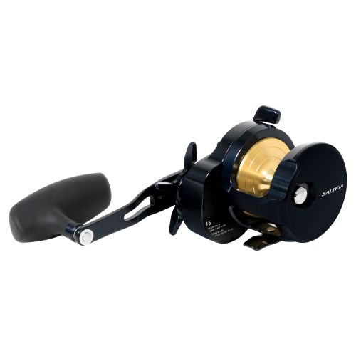 Fishing reel with black and gold design on a white background