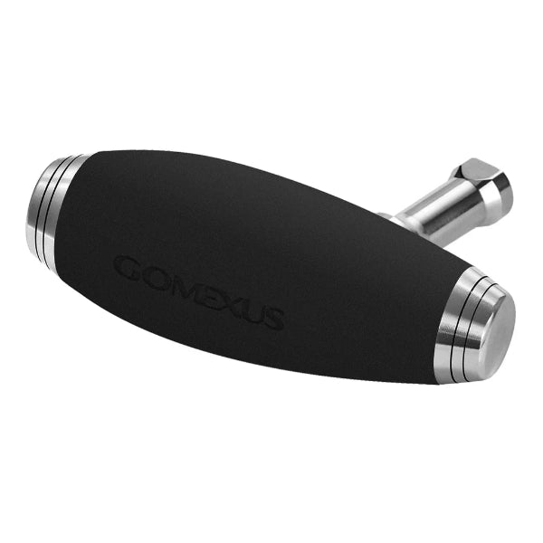 A GOMEXUS reel handle with a black textured grip and polished silver metal ends, shown on a plain white background.