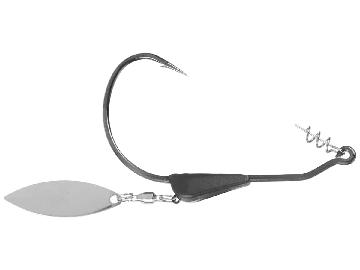 A fishing lure with a curved metal hook, a black body, a small wire spiral, and a silver paddle blade, shown on a plain white background.