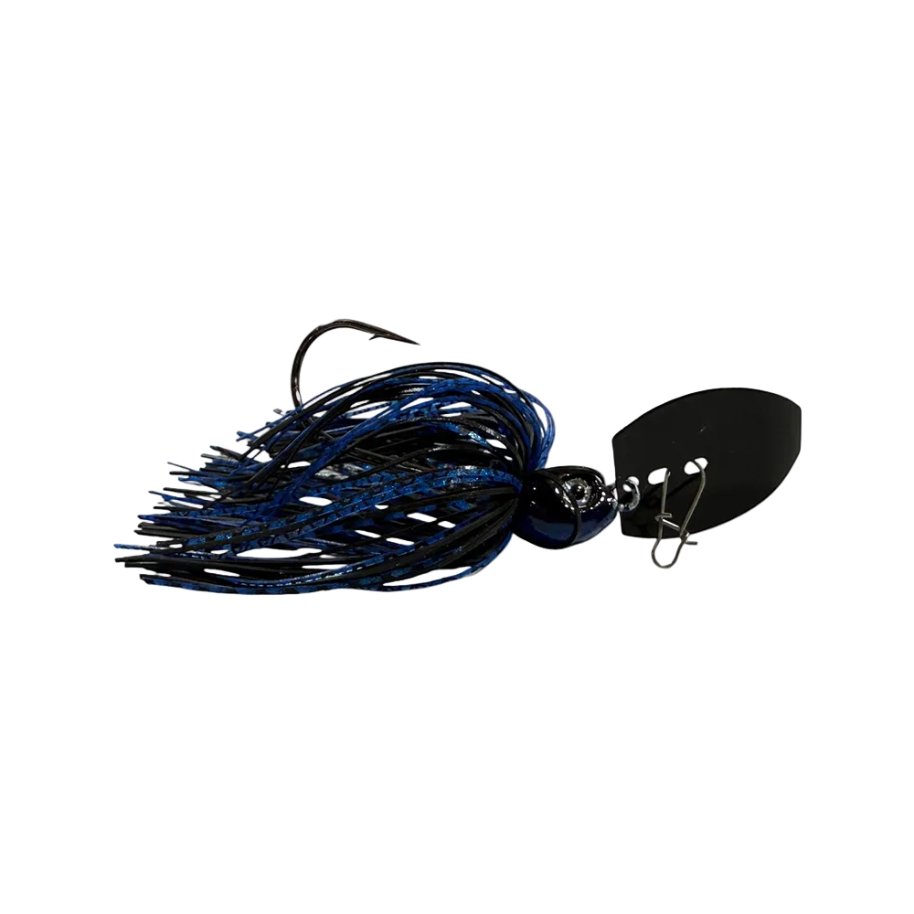 Fishing lure with blue and black details on a white background
