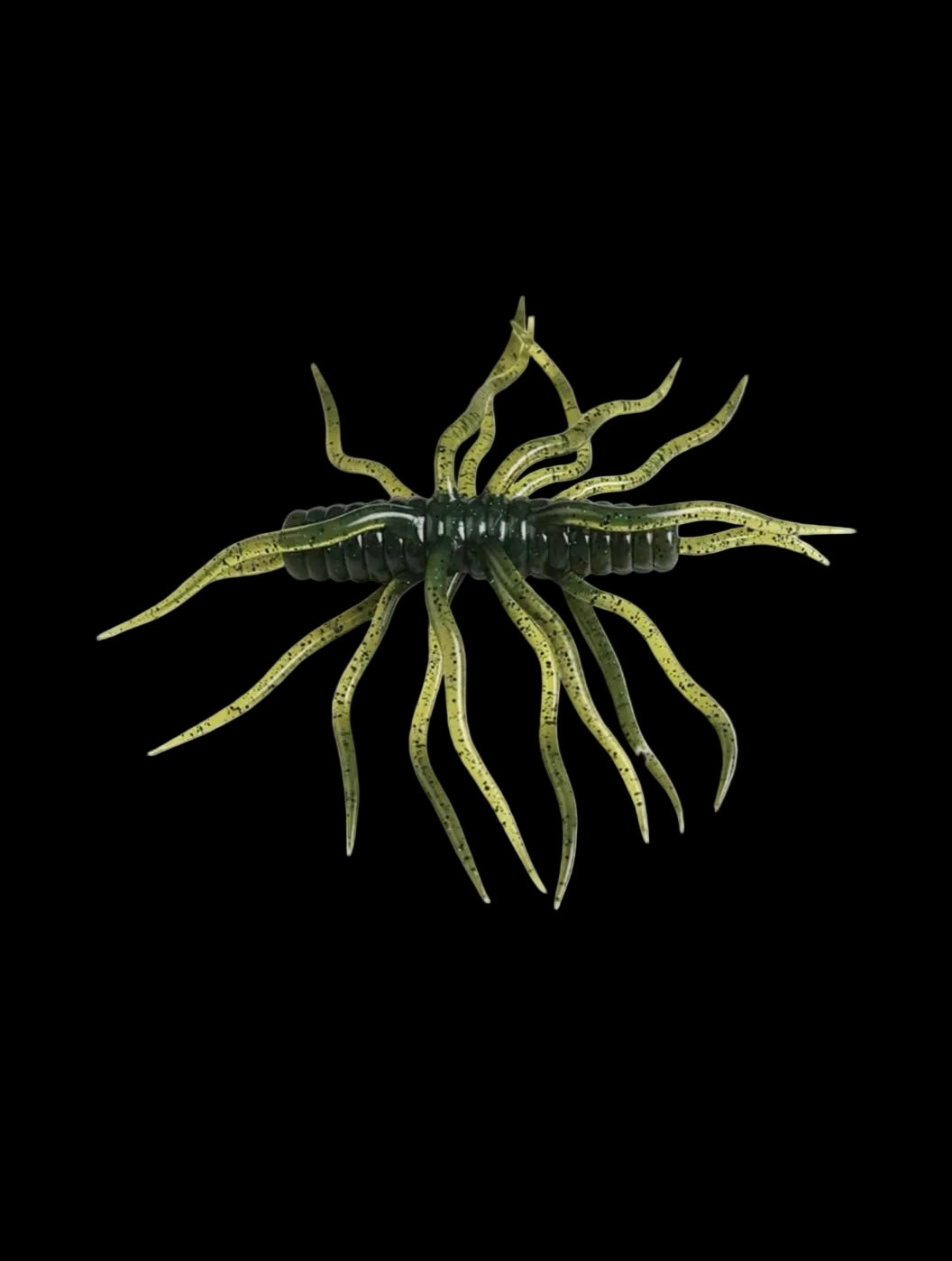 A soft plastic crawfish fishing lure with a segmented dark green body and glittery olive-green legs, isolated on a solid white background.