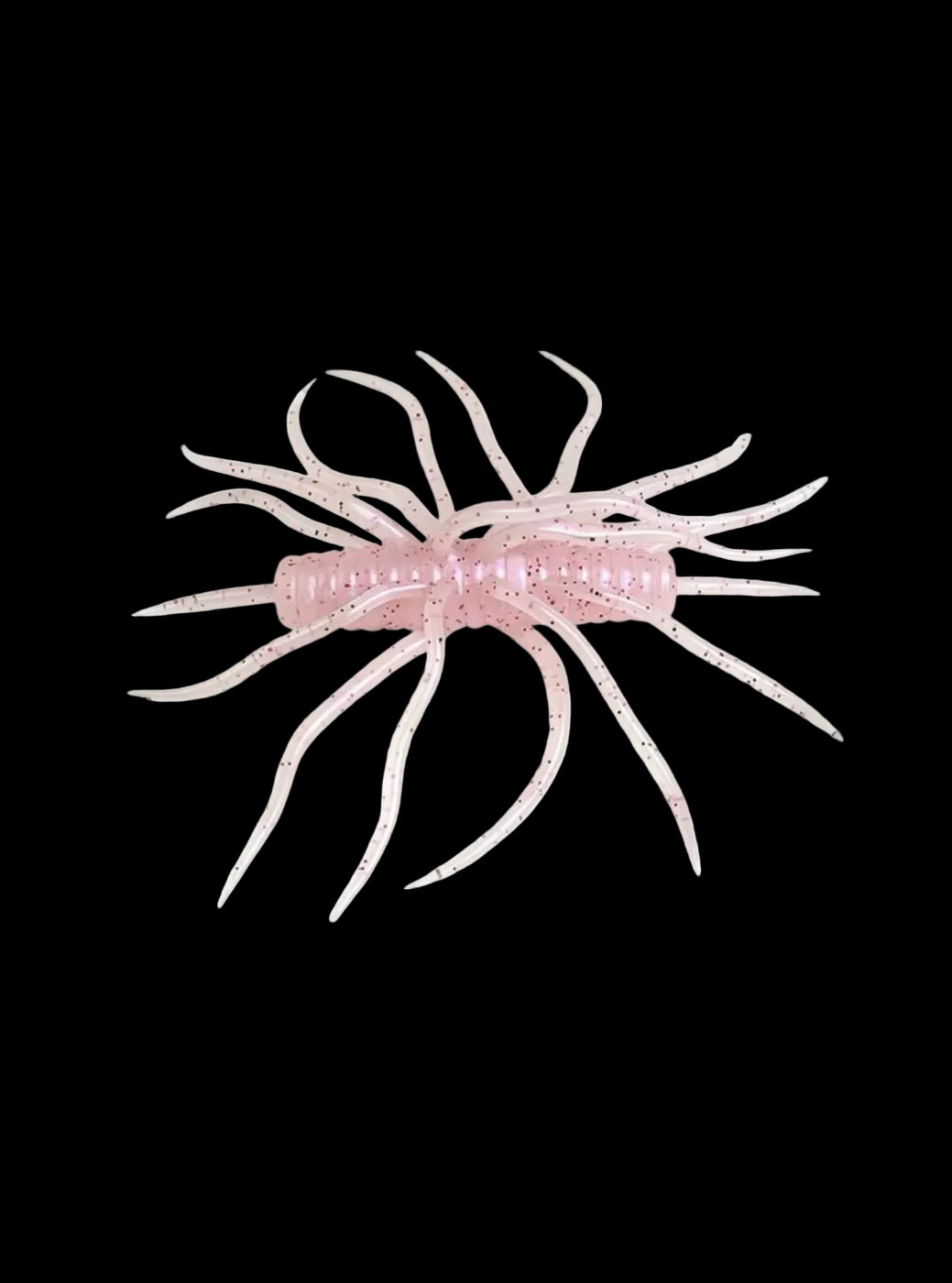 A pink soft plastic crawfish fishing lure with translucent legs and fine glitter, isolated on a solid white background.