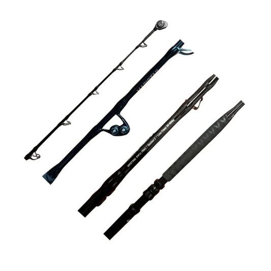 Fishing rod with reel on a white background