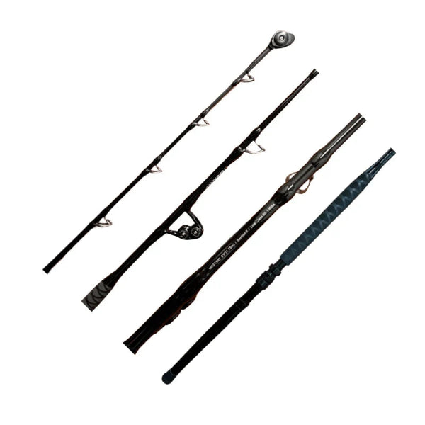 Fishing rod with three sections on a white background