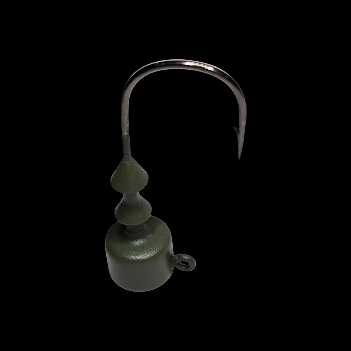 An olive green fishing lure head with a dark metal hook attached, shown against a plain white background.