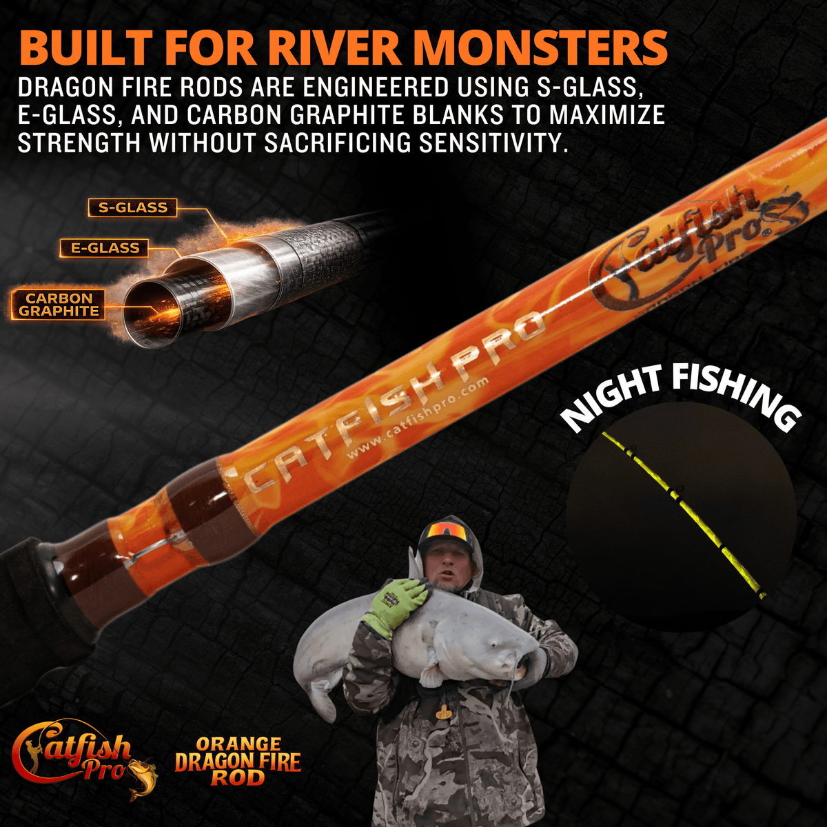 Catfish Pro Orange Dragon Fire Casting Glow Rod | 7'6"