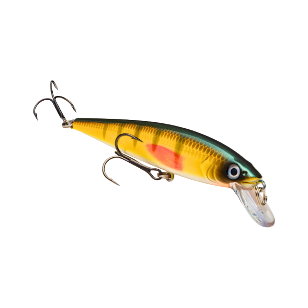 Fishing lure with a colorful body and treble hooks on a white background