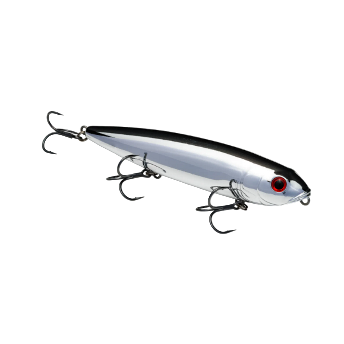 Fishing lure with metallic finish and red eye on a white background