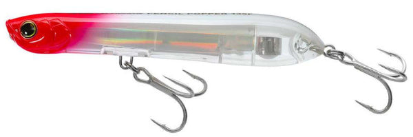 Fishing lure with red and clear body on a white background