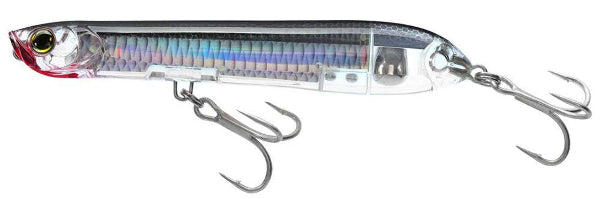 A clear plastic fishing lure with a silver metallic body, a realistic multicolor striped pattern on the back, a red and black eye, and two silver treble hooks attached.